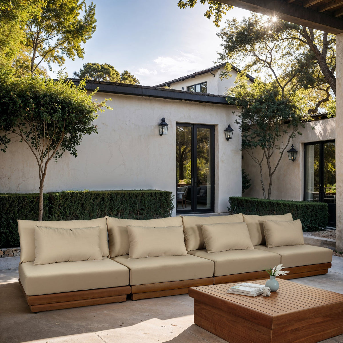 Mirella 148in Tan Water Resistant Fabric Upholstered 4 Piece Outdoor Patio Modular Sofa