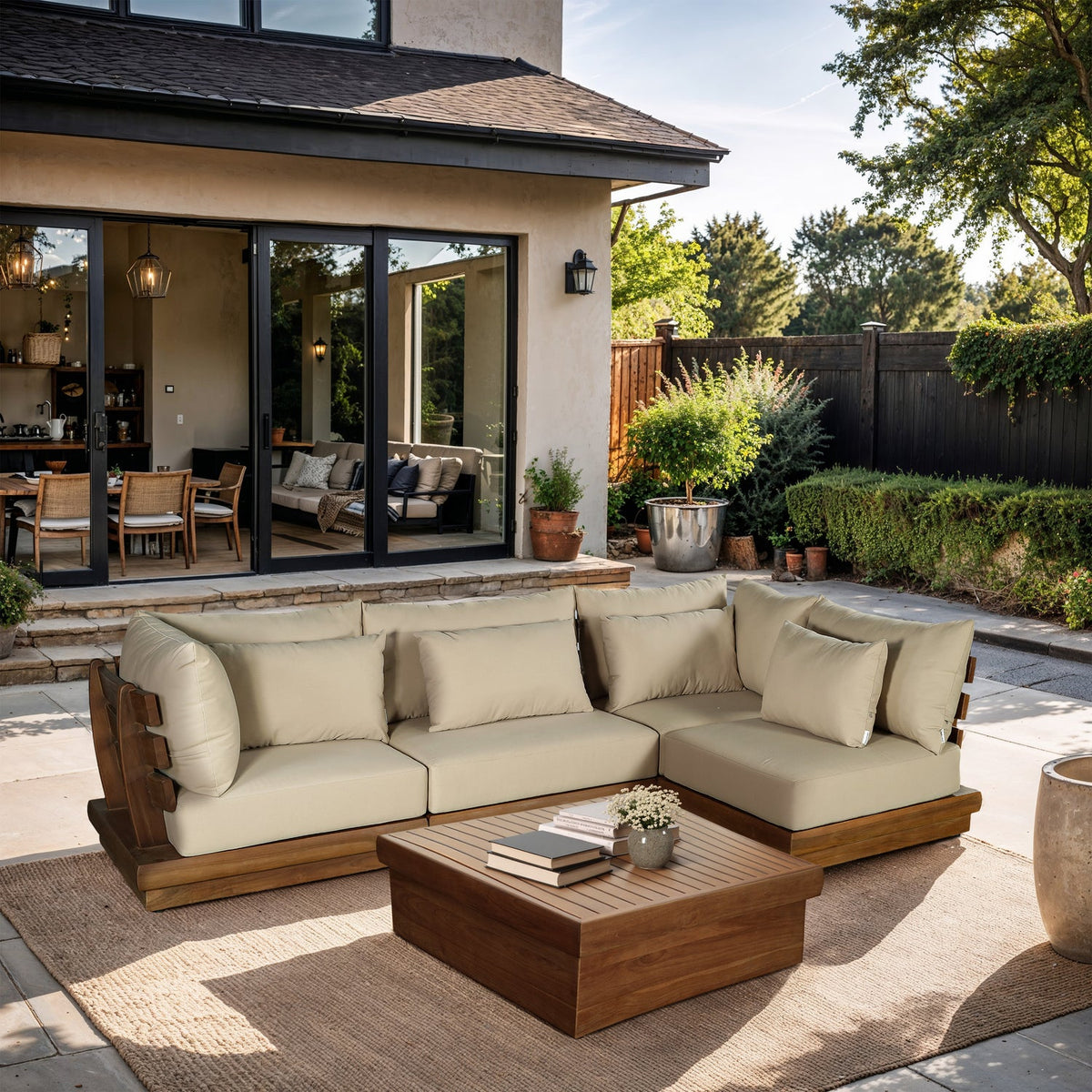 Mirella 113in Tan Water Resistant Fabric Upholstered 4 Piece Outdoor Patio Modular Sectional Sofa