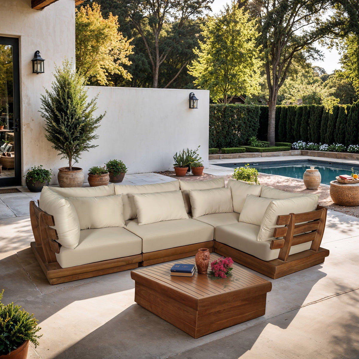 Mirella 113in Tan Water Resistant Fabric Upholstered 4 Piece Outdoor Patio Modular Sectional Sofa