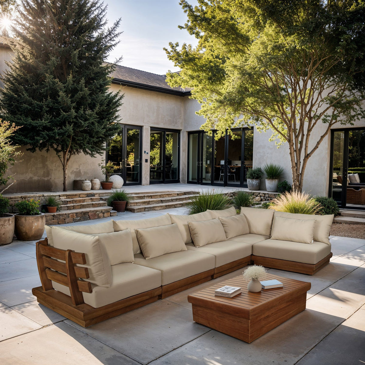 Mirella 150in Tan Water Resistant Fabric Upholstered 5 Piece Outdoor Patio Modular Sectional Sofa