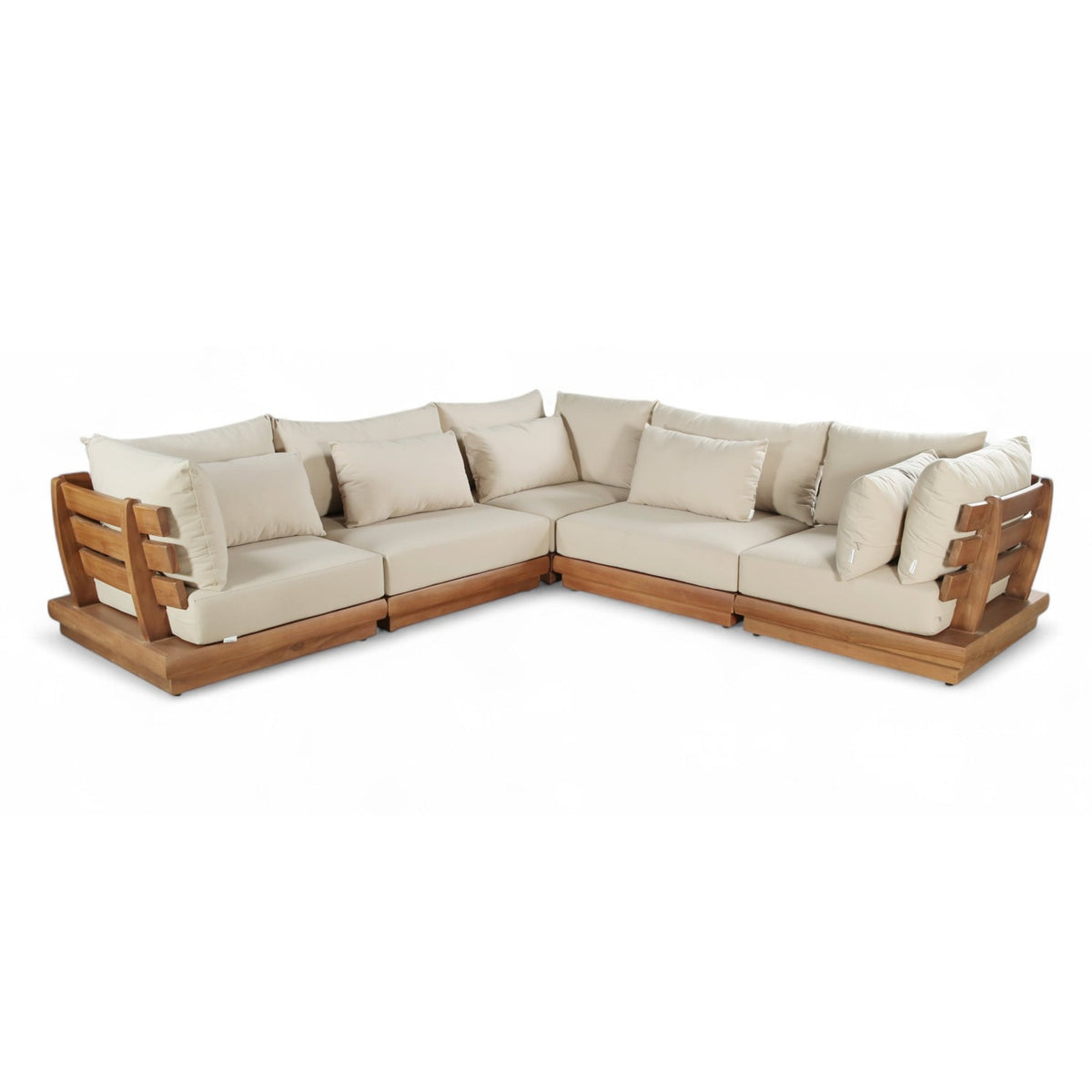 Mirella 113" Tan Water Resistant Fabric Upholstered 5pc. Outdoor Patio Modular Sectional in teak, primary product view