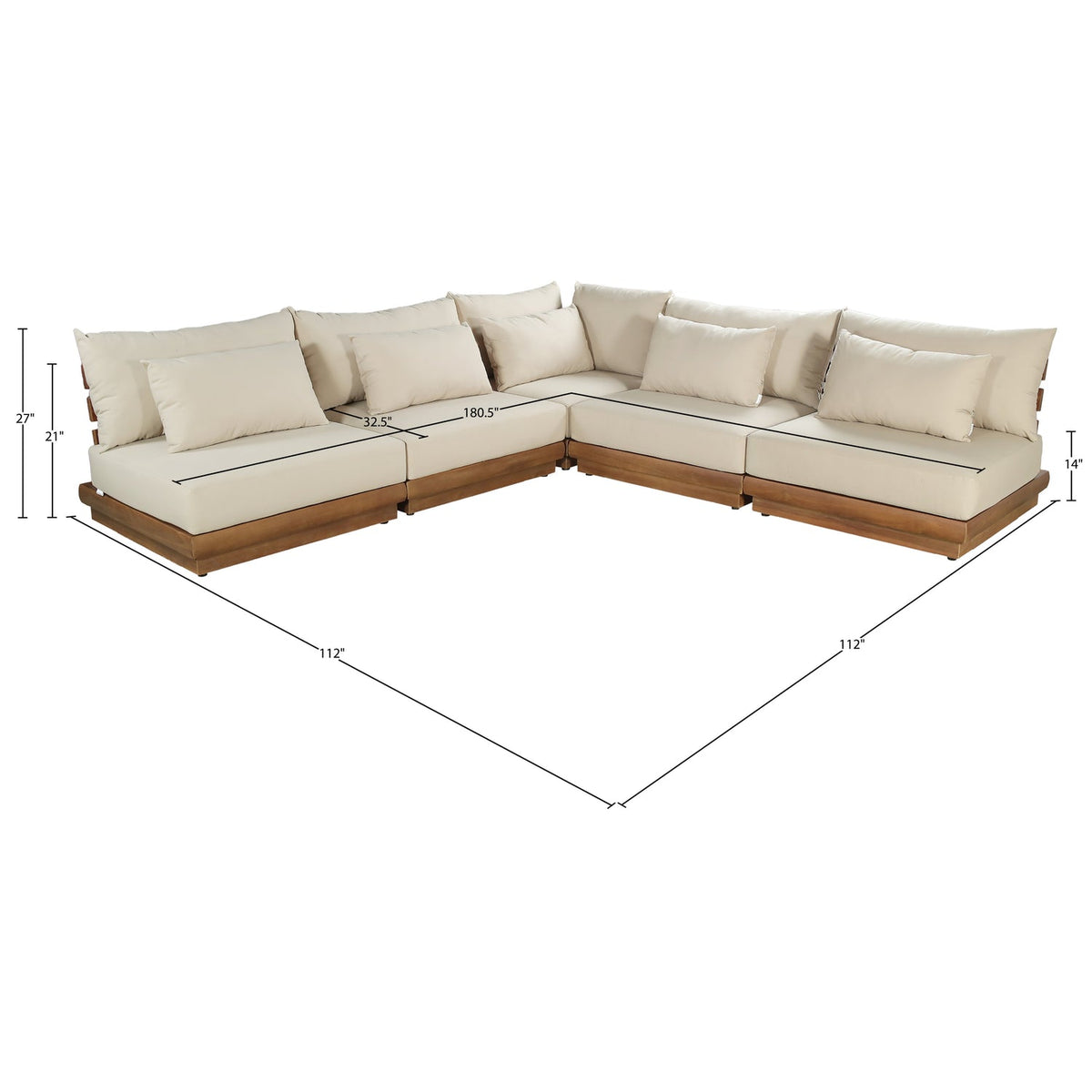 Mirella 112in Tan Water Resistant Fabric Upholstered 5 Piece Outdoor Patio Modular Sectional Sofa