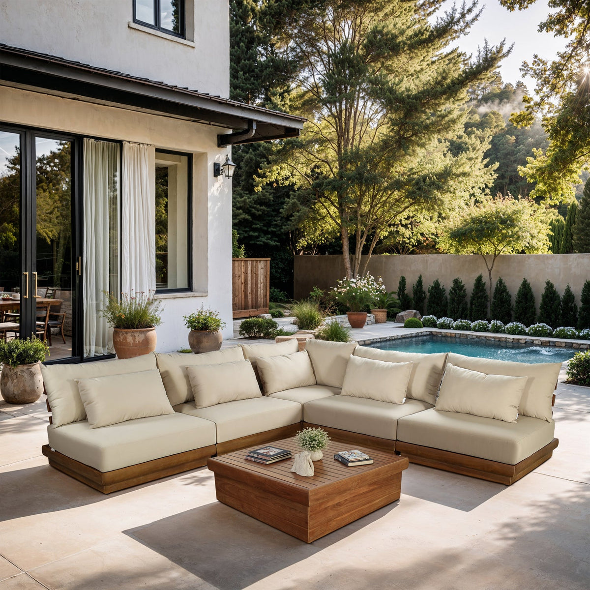 Mirella 112in Tan Water Resistant Fabric Upholstered 5 Piece Outdoor Patio Modular Sectional Sofa