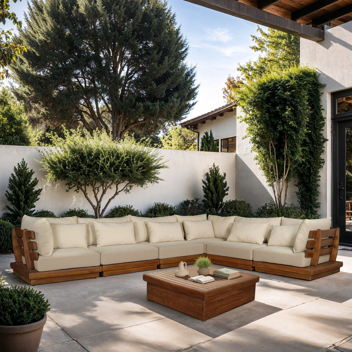 Mirella 150in Tan Water Resistant Fabric Upholstered 6 Piece Outdoor Patio Modular Sectional Sofa