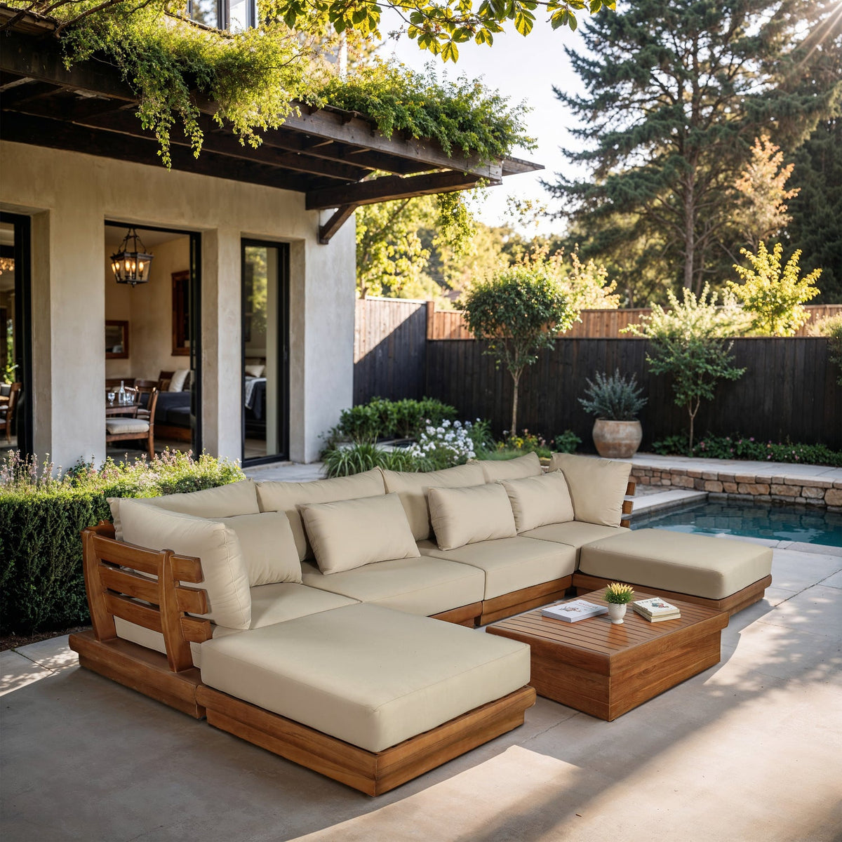 Mirella 150in Tan Water Resistant Fabric Upholstered 6 Piece Outdoor Patio Modular Sectional Sofa