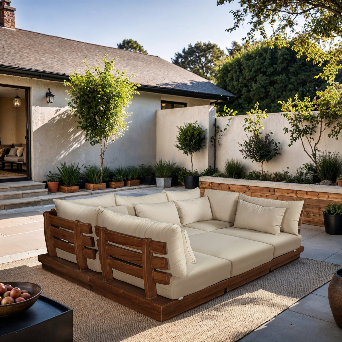 Mirella 113in Tan Water Resistant Fabric Upholstered 6 Piece Outdoor Patio Modular Sectional Sofa