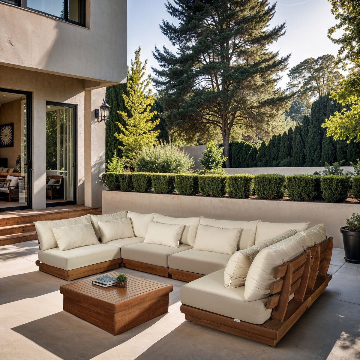 Mirella 150in Tan Water Resistant Fabric Upholstered 6 Piece Outdoor Patio Modular Sectional Sofa