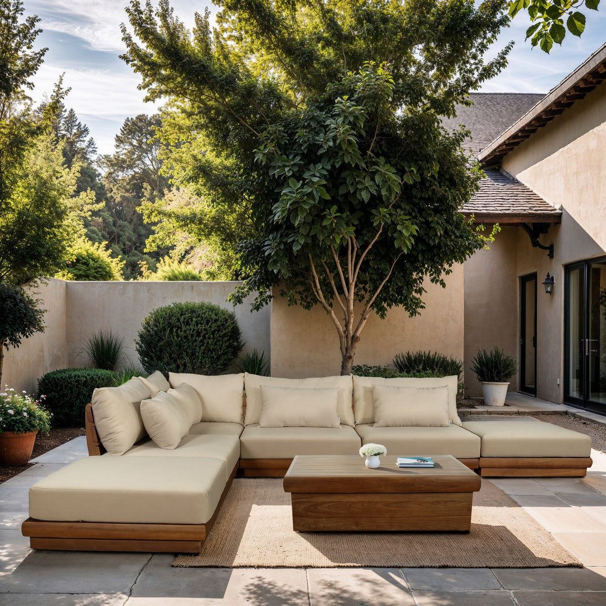 Mirella 149in Tan Water Resistant Fabric Upholstered 6 Piece Outdoor Patio Modular Sectional Sofa