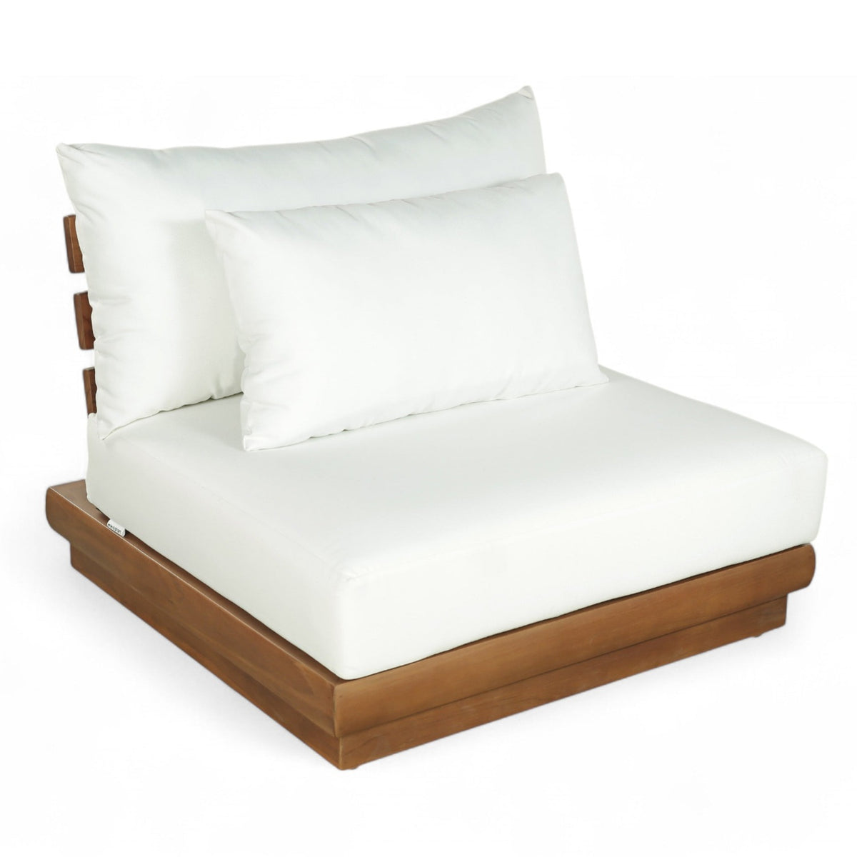 Mirella Off-White Water Resistant Fabric Upholstered Outdoor Patio Modular Armless Chair in off-white fabric on solid teak