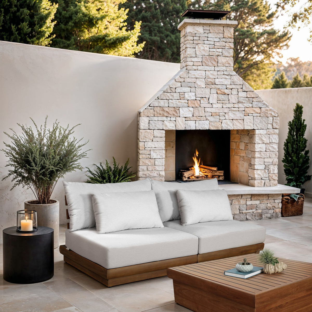 Mirella 74in Off-White Water Resistant Fabric Upholstered 2 Piece Outdoor Patio Modular Sofa