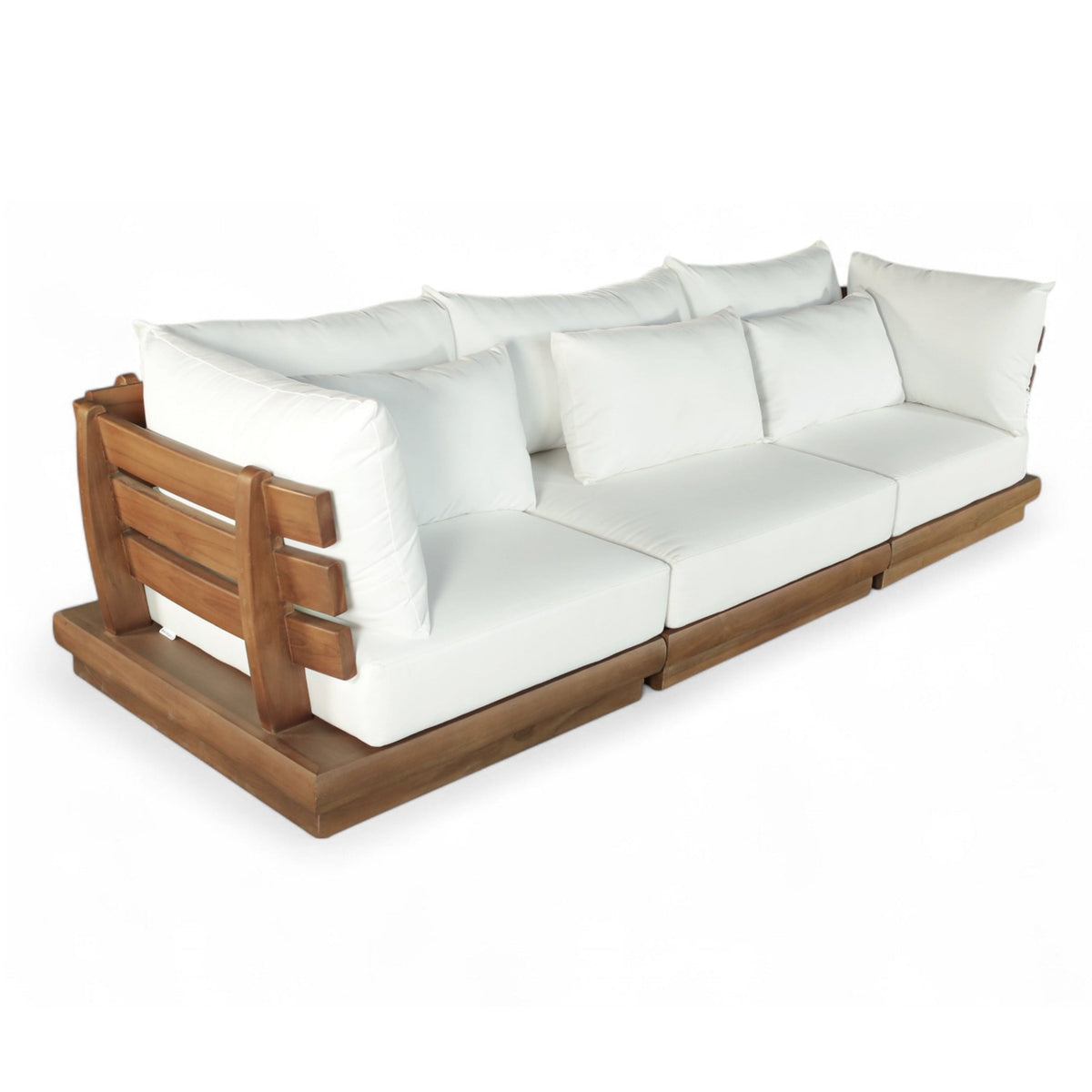 Mirella 113" Off-White Water Resistant Fabric Upholstered 3pc. Outdoor Patio Modular Sofa in teak, primary product view