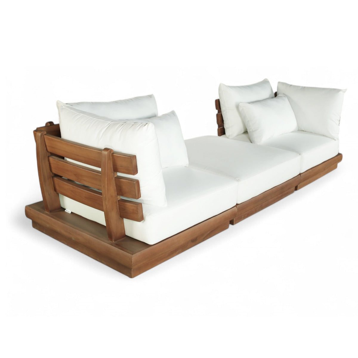 Mirella 113" Off-White Water Resistant Fabric Upholstered 3pc. Outdoor Patio Modular Sofa in teak, primary product view