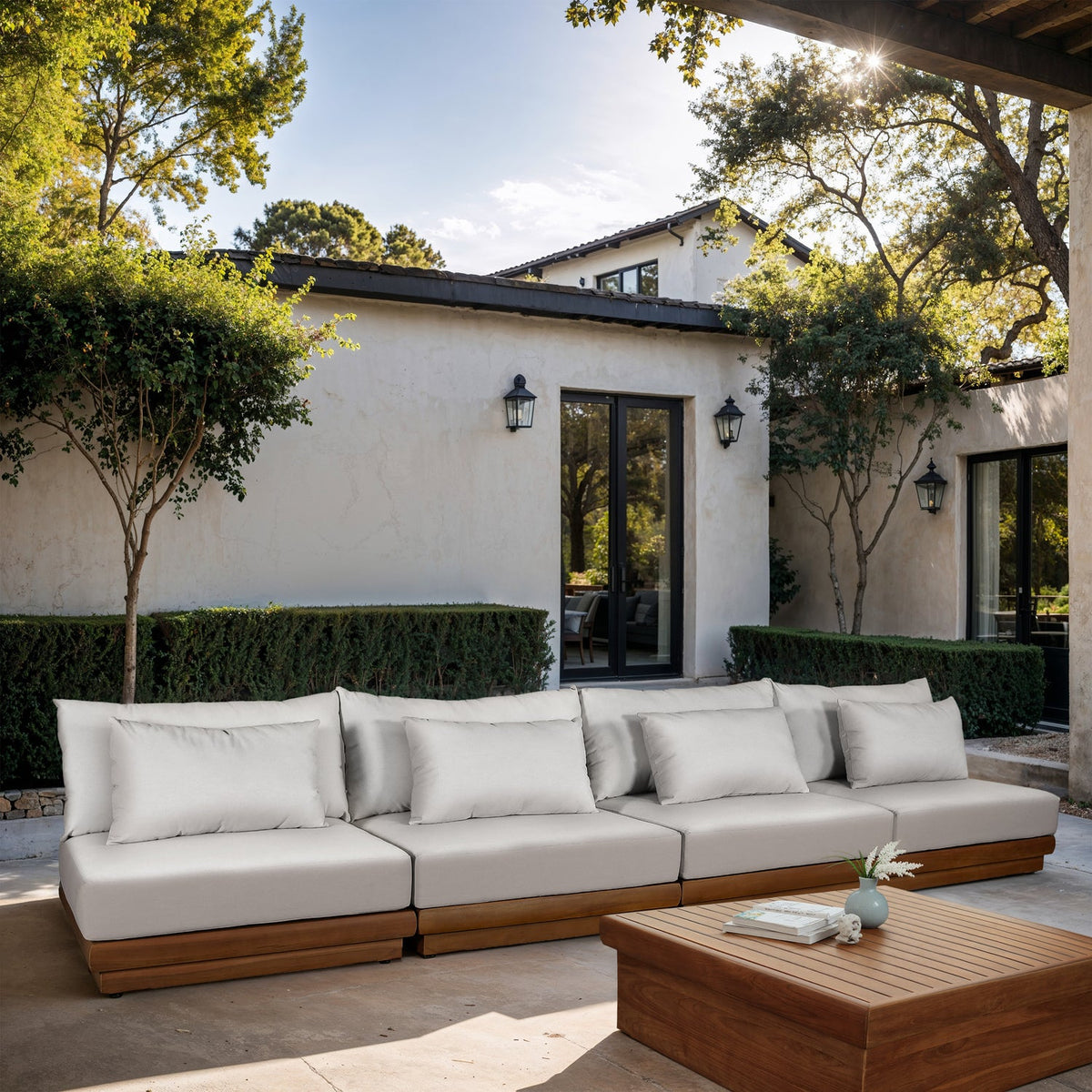 Mirella 148in Off-White Water Resistant Fabric Upholstered 4 Piece Outdoor Patio Modular Sofa