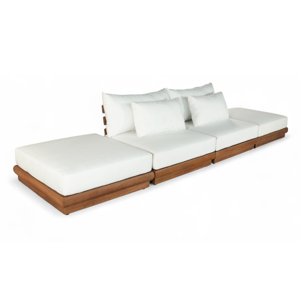 Mirella 148" Off-White Water Resistant Fabric Upholstered 4pc. Outdoor Patio Modular Sofa in teak, primary product view