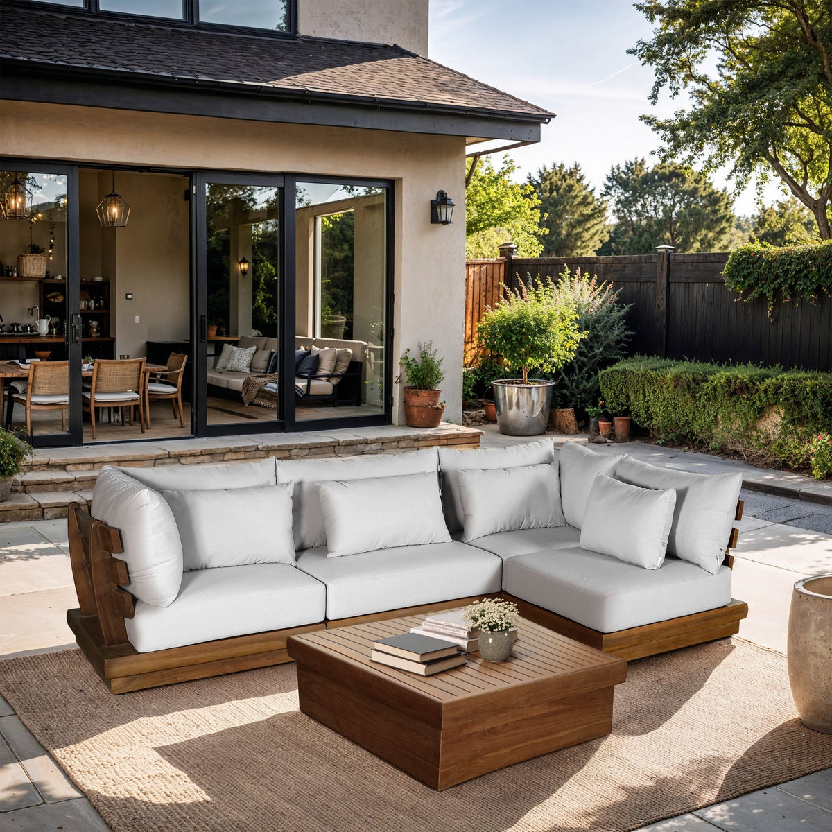 Mirella 113in Off-White Water Resistant Fabric Upholstered 4 Piece Outdoor Patio Modular Sectional Sofa