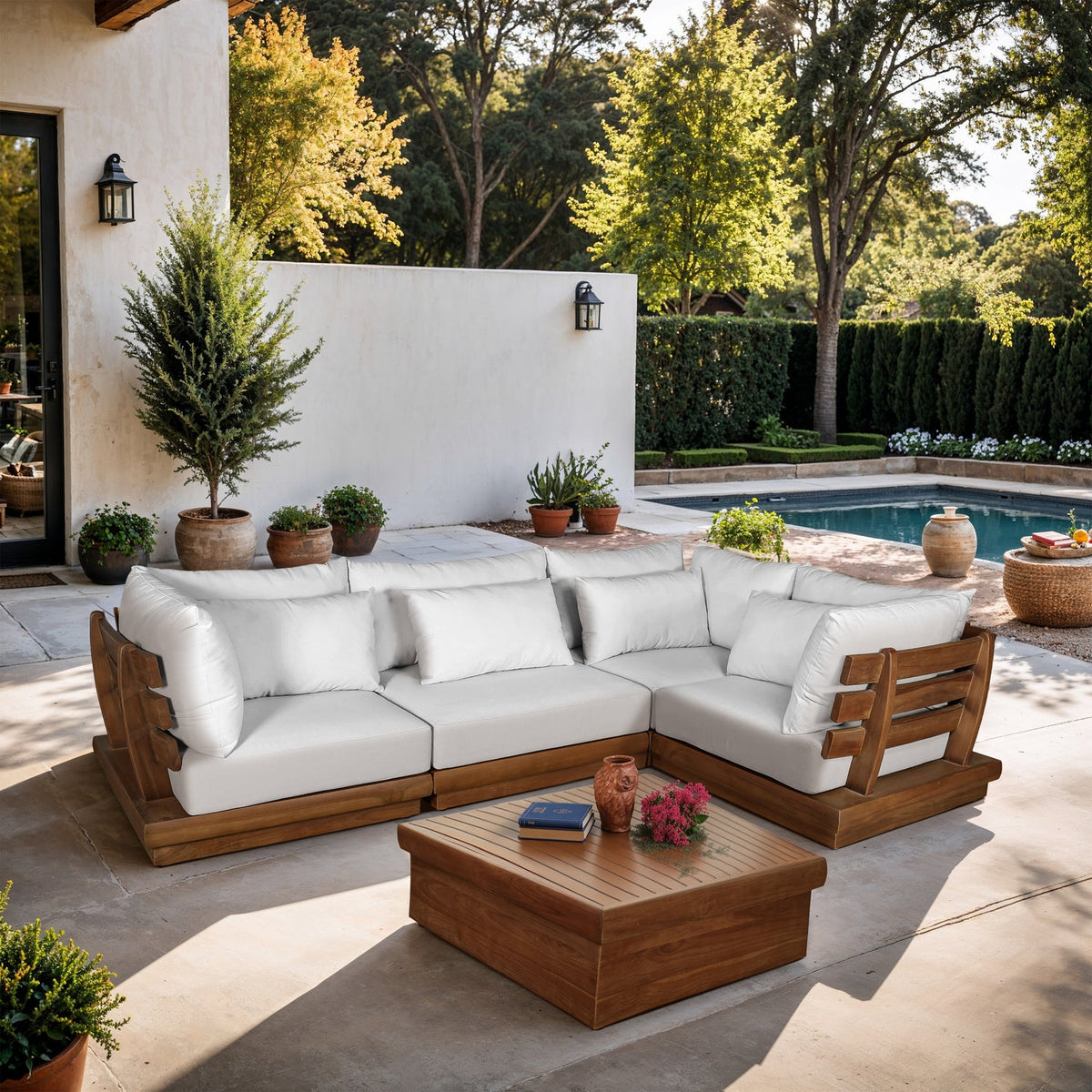 Mirella 113in Off-White Water Resistant Fabric Upholstered 4 Piece Outdoor Patio Modular Sectional Sofa