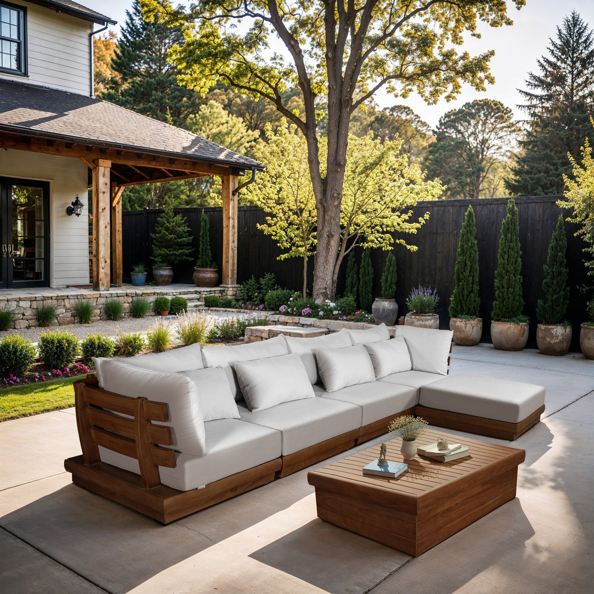 Mirella 150in Off-White Water Resistant Fabric Upholstered 5 Piece Outdoor Patio Modular Sectional Sofa