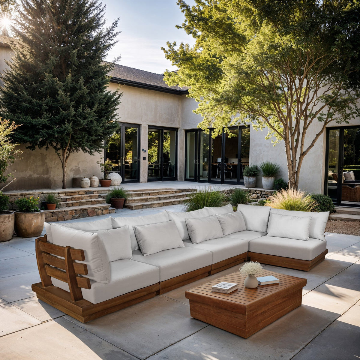 Mirella 150in Off-White Water Resistant Fabric Upholstered 5 Piece Outdoor Patio Modular Sectional Sofa