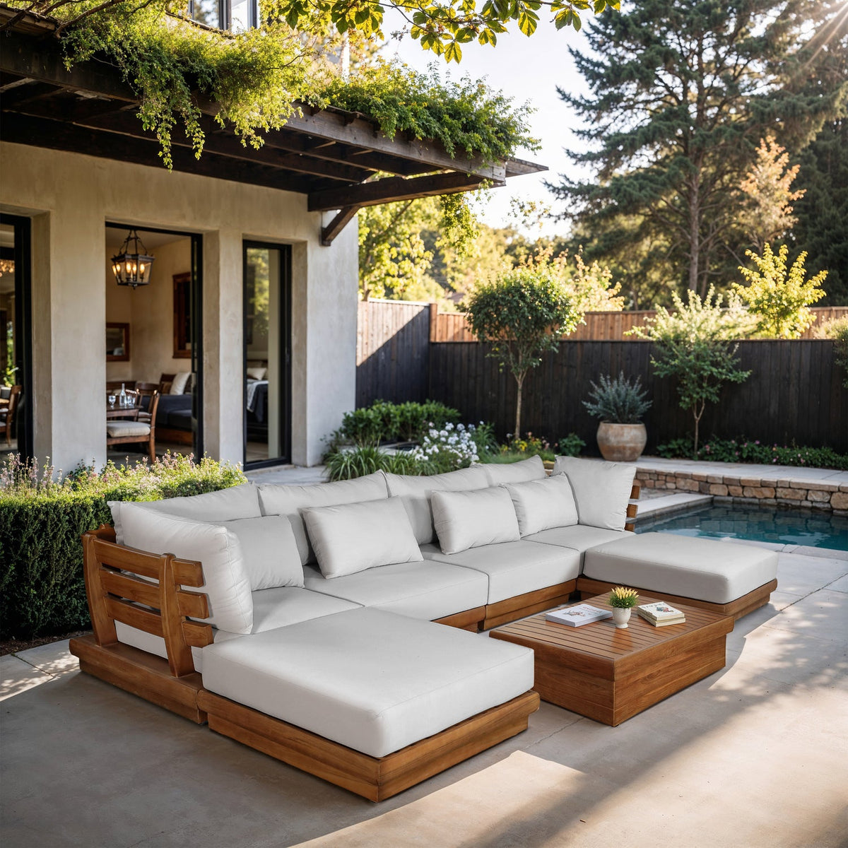 Mirella 150in Off-White Water Resistant Fabric Upholstered 6 Piece Outdoor Patio Modular Sectional Sofa