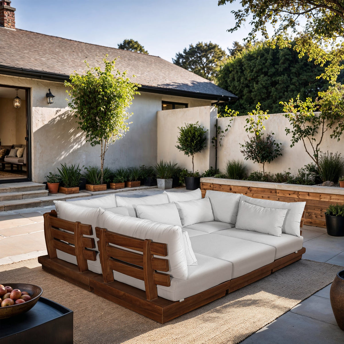 Mirella 113in Off-White Water Resistant Fabric Upholstered 6 Piece Outdoor Patio Modular Sectional Sofa