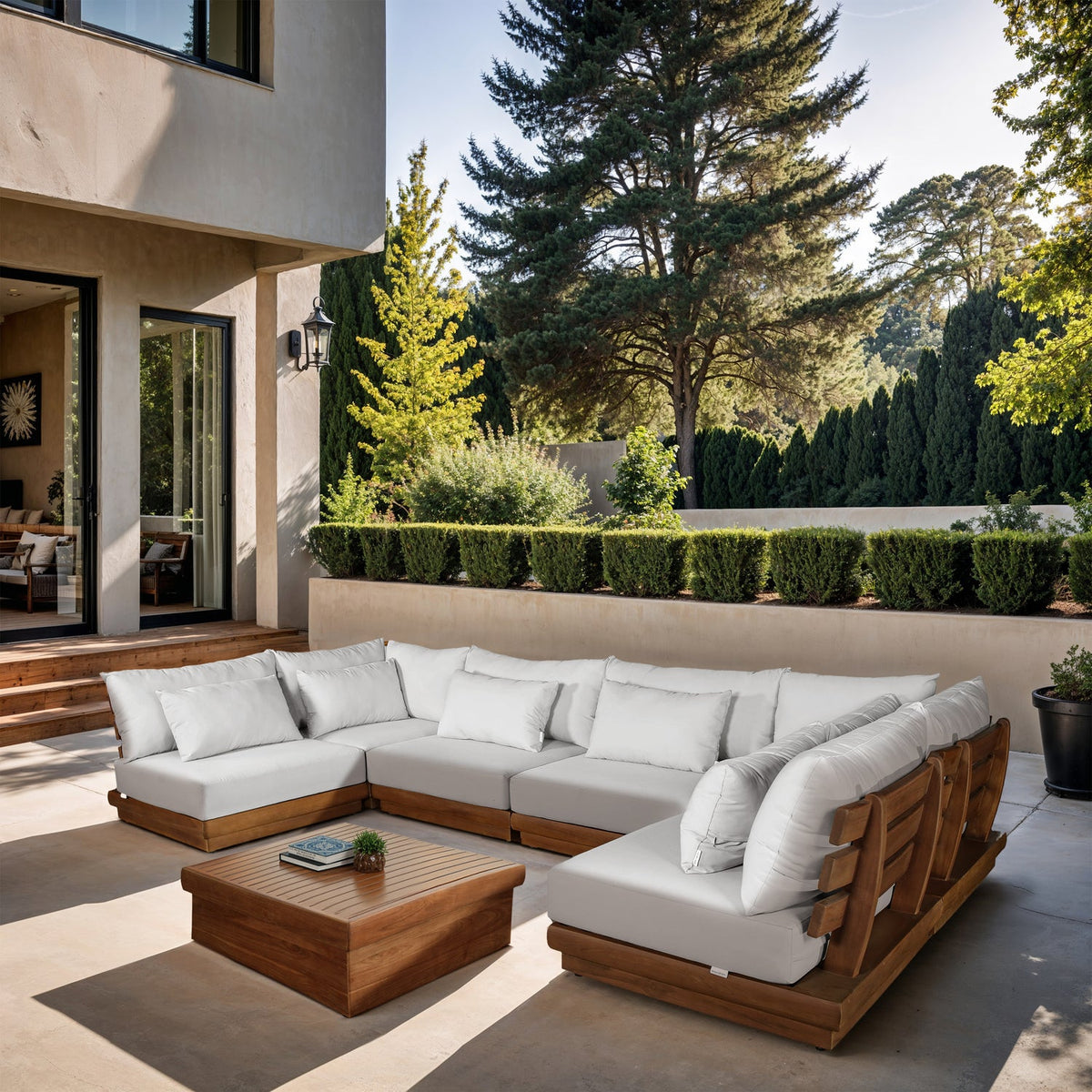 Mirella 150in Off-White Water Resistant Fabric Upholstered 6 Piece Outdoor Patio Modular Sectional Sofa