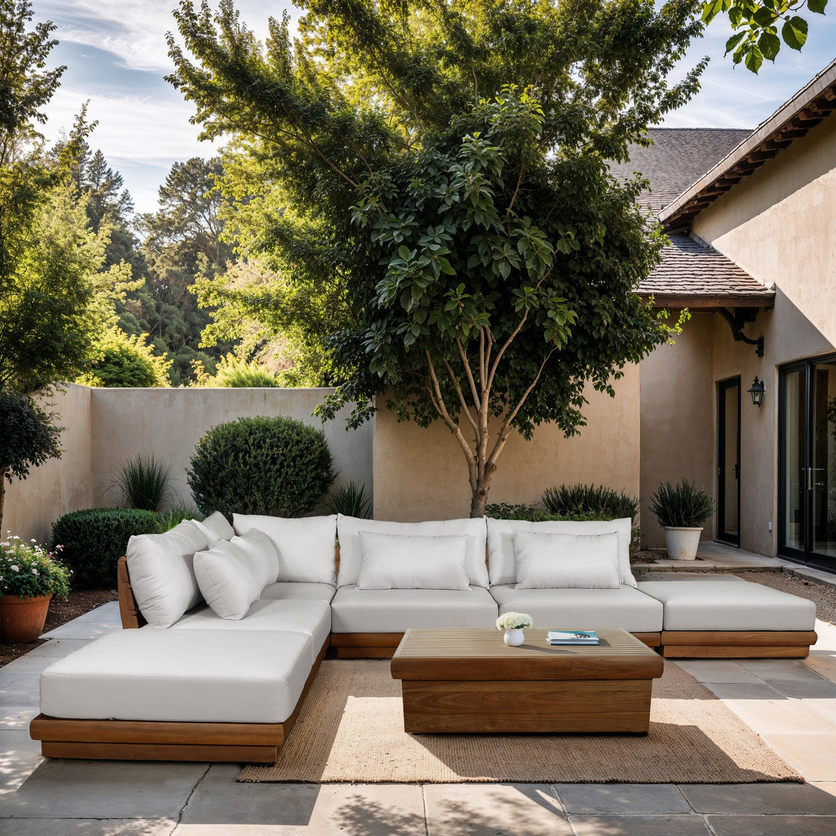 Mirella 149in Off-White Water Resistant Fabric Upholstered 6 Piece Outdoor Patio Modular Sectional Sofa