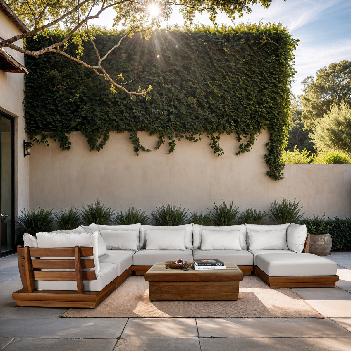 Mirella 150in Off-White Water Resistant Fabric Upholstered 7 Piece Outdoor Patio Modular Sectional Sofa