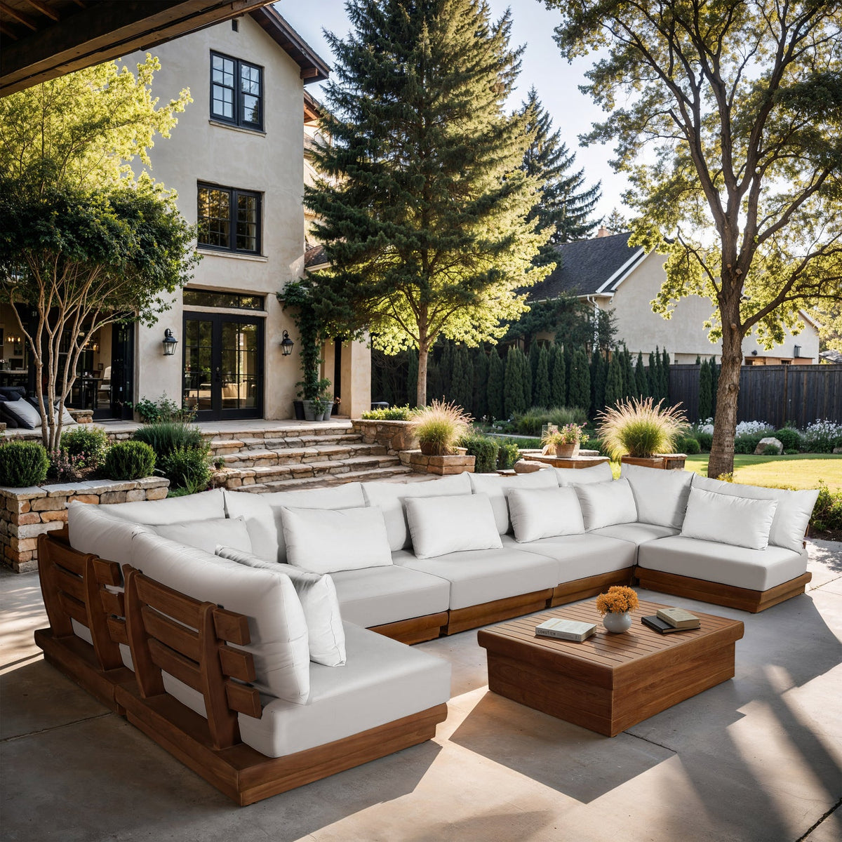 Mirella 187in Off-White Water Resistant Fabric Upholstered 7 Piece Outdoor Patio Modular Sectional Sofa