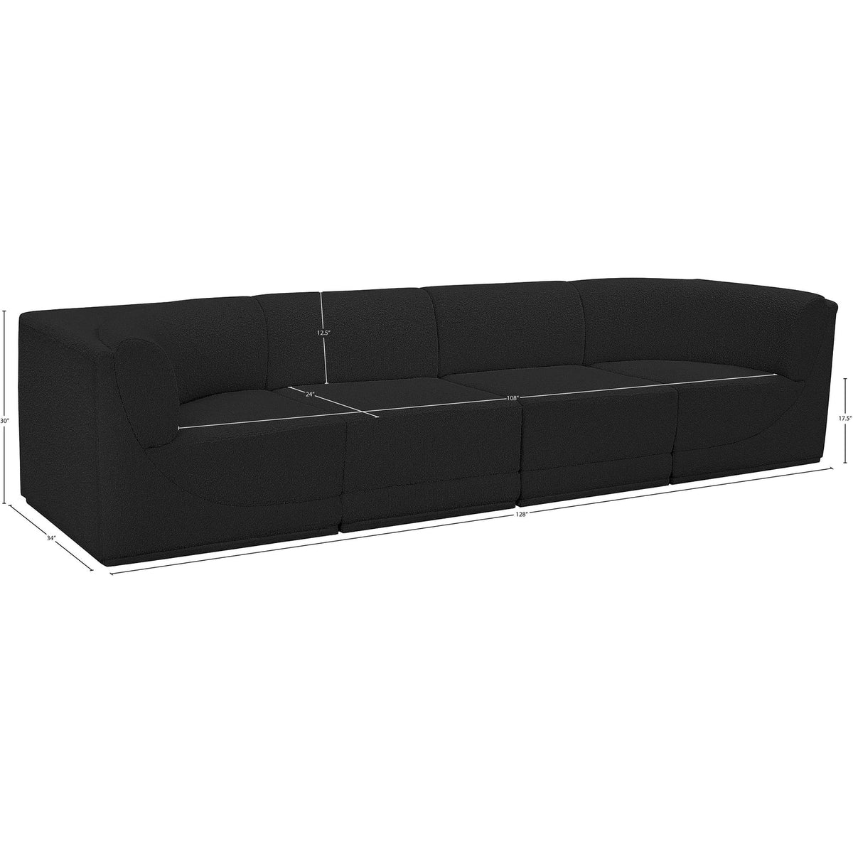 Ollie 128in Black Boucle Fabric Upholstered 4 Piece. Modular Sofa