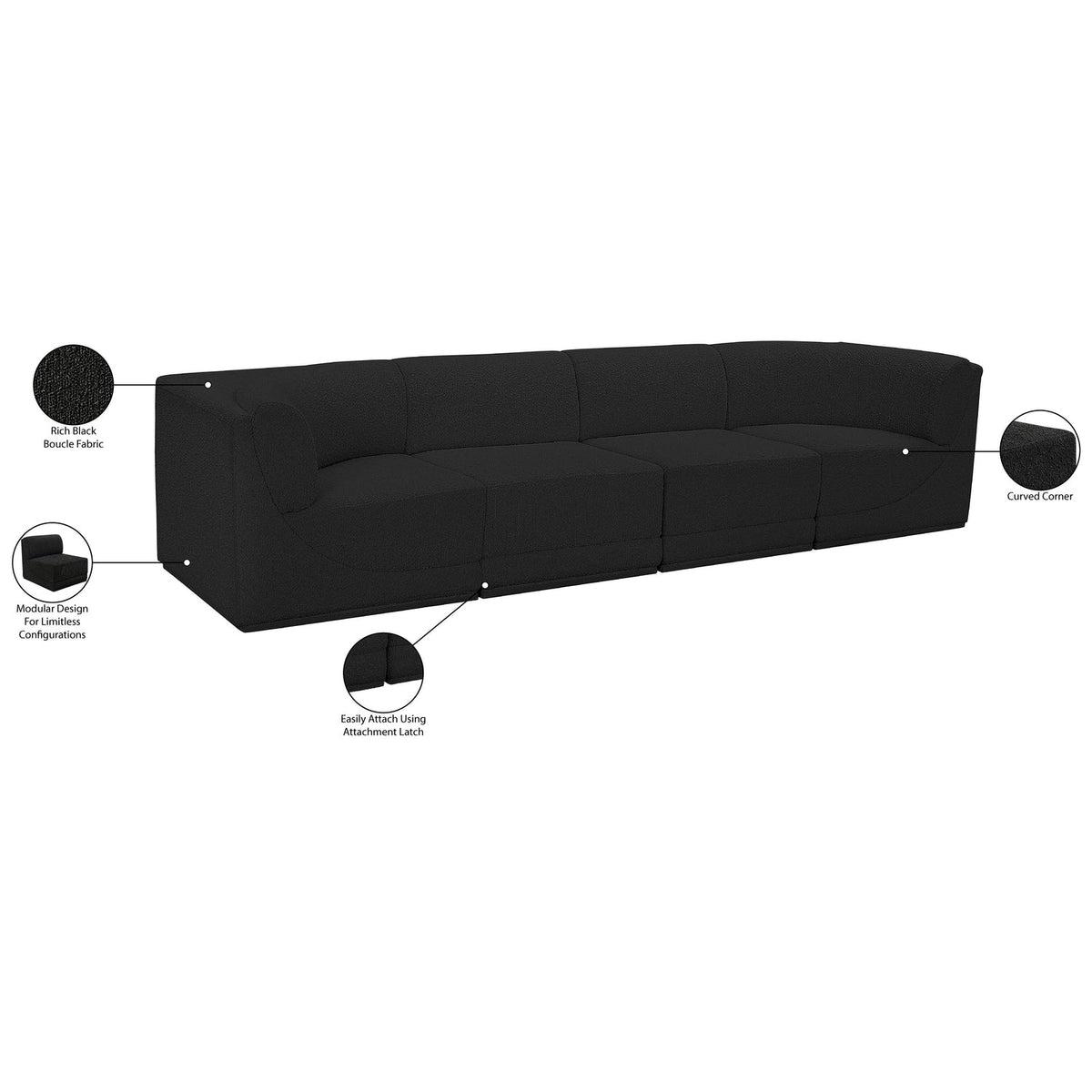 Ollie 128in Black Boucle Fabric Upholstered 4 Piece. Modular Sofa