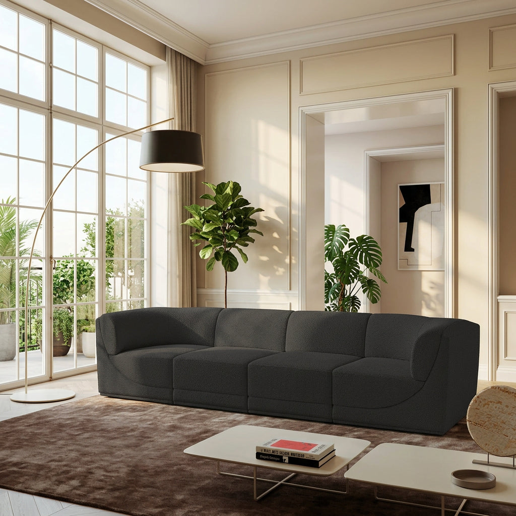 Ollie 128in Black Boucle Fabric Upholstered 4 Piece. Modular Sofa