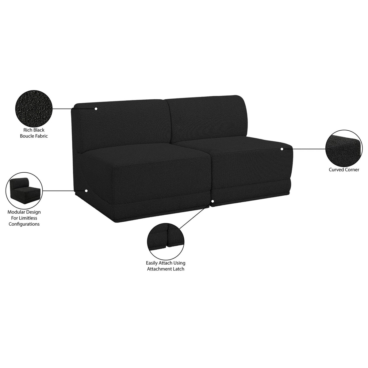 Ollie 60in Black Boucle Fabric Upholstered 2 Piece Armless Modular Loveseat