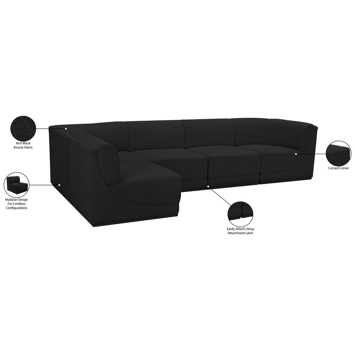 Ollie 128in Black Boucle Fabric Upholstered 5 Piece Modular Sectional Sofa