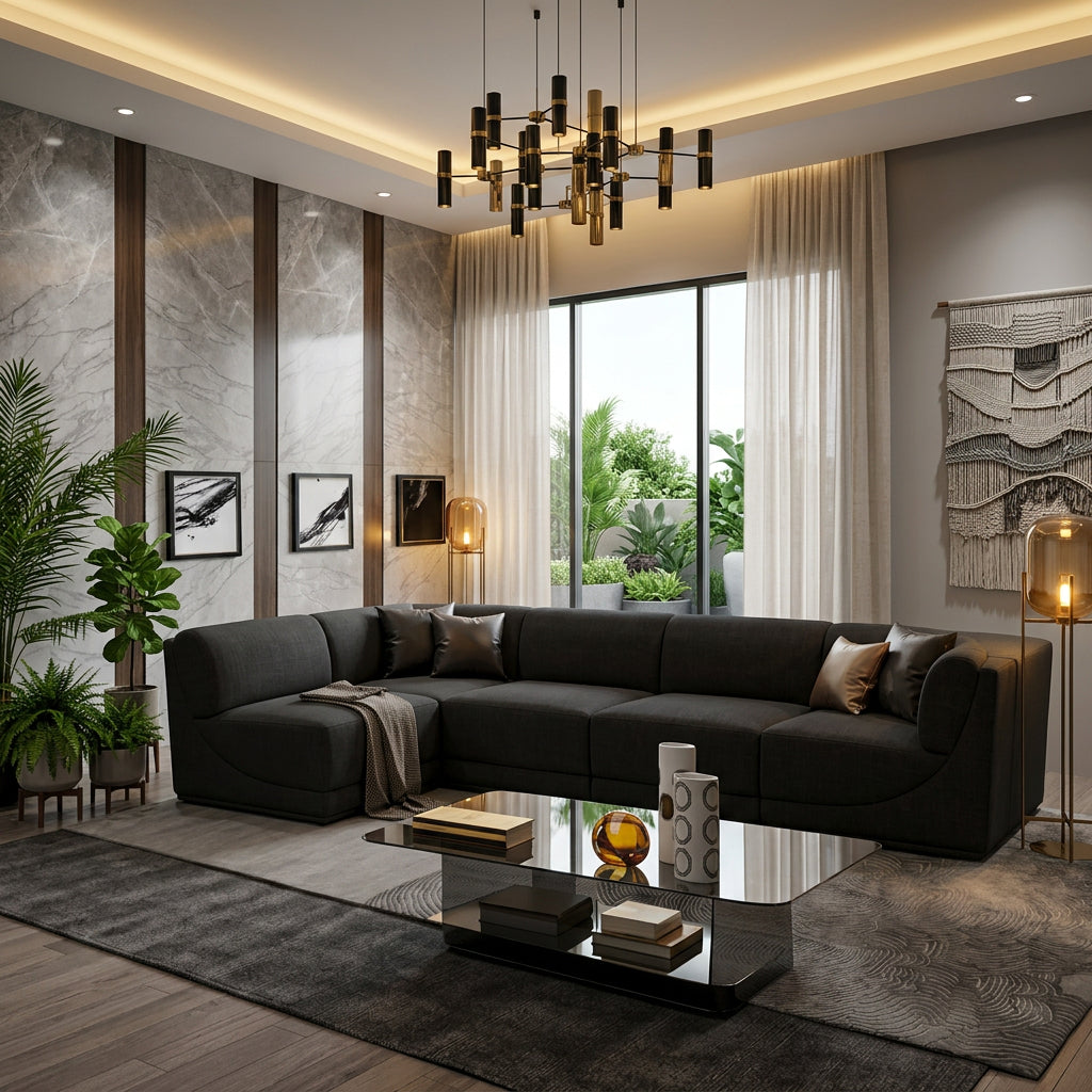 Ollie 128in Black Boucle Fabric Upholstered 5 Piece Modular Sectional Sofa