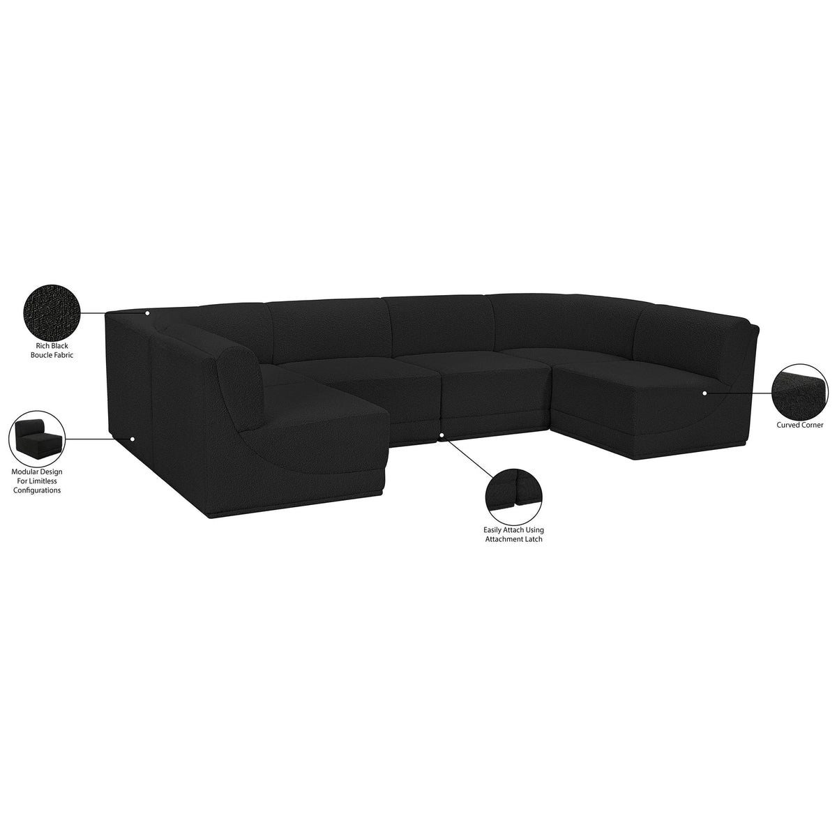 Ollie 128in Black Boucle Fabric Upholstered 6 Piece Modular Sectional Sofa