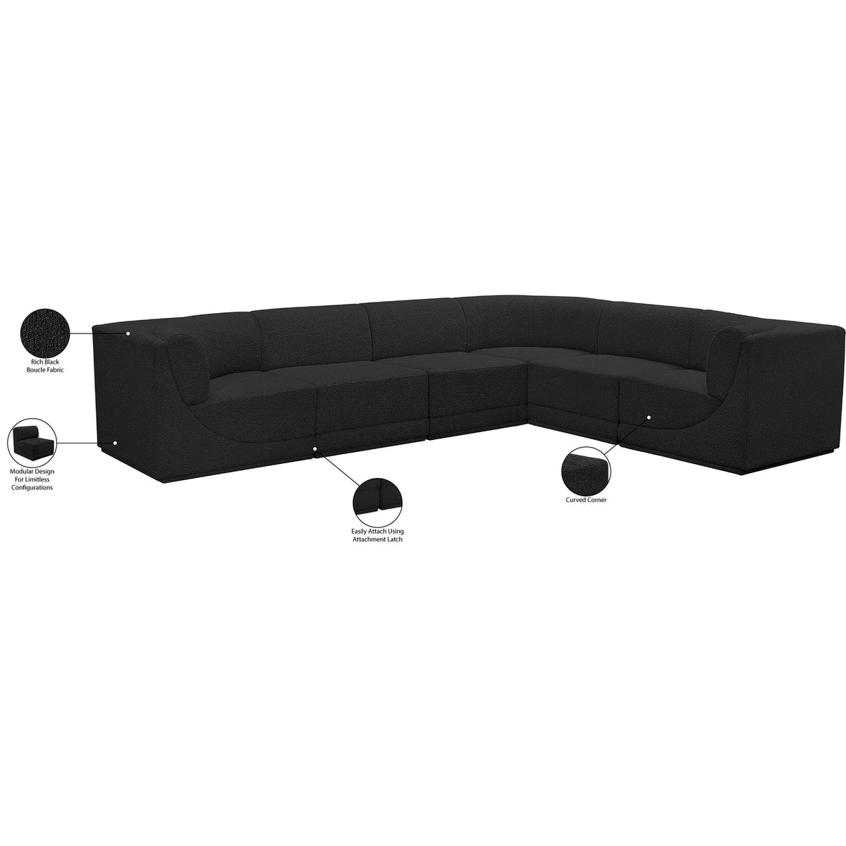 Ollie 128in Black Boucle Fabric Upholstered 6 Piece Modular Sectional Sofa