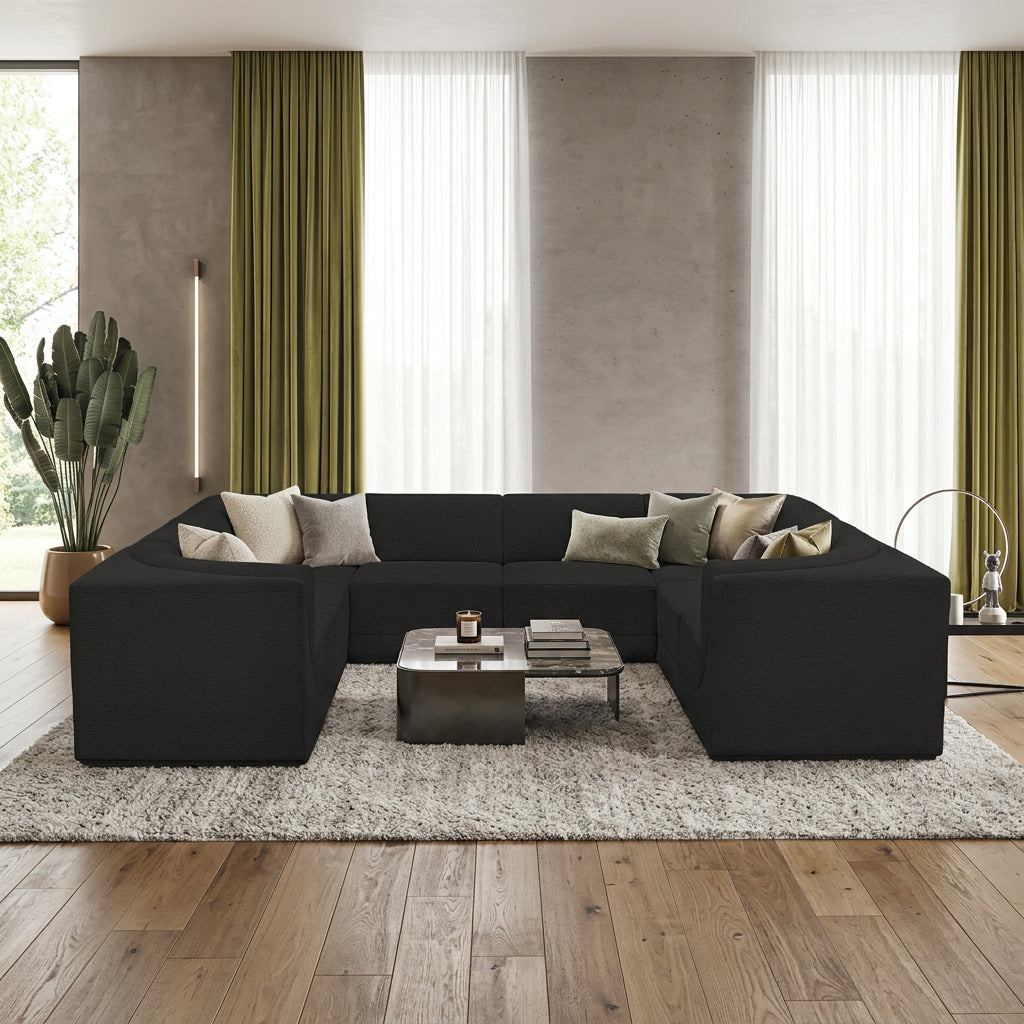 Ollie 128in Black Boucle Fabric Upholstered 8 Piece Modular Sectional Sofa