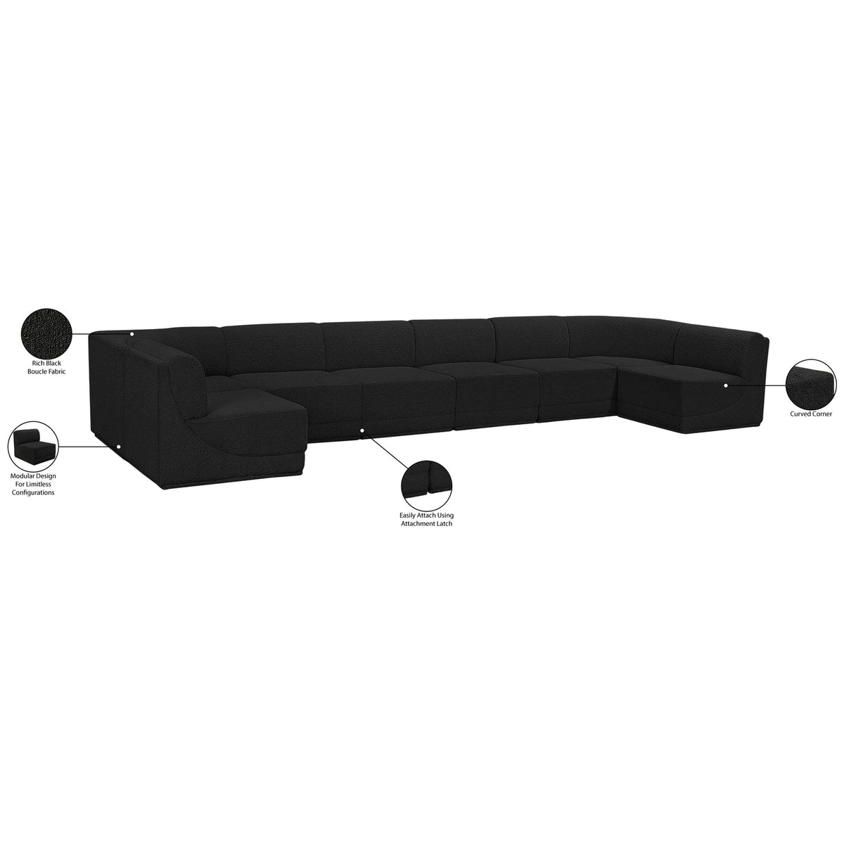 Ollie 188in Black Boucle Fabric Upholstered 8 Piece Modular Sectional Sofa