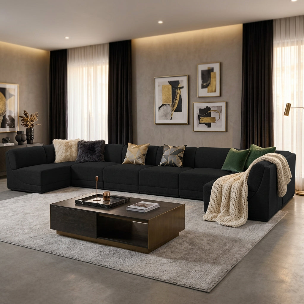 Ollie 188" Black Boucle Fabric Upholstered 8pc. Modular Sectional in black boucle, primary product view