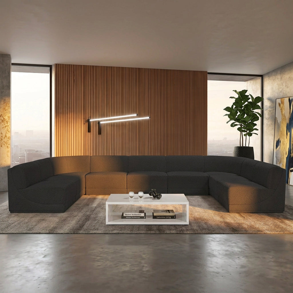 Ollie 218" Black Boucle Fabric Upholstered 9pc. Modular Sectional in black boucle, primary product view