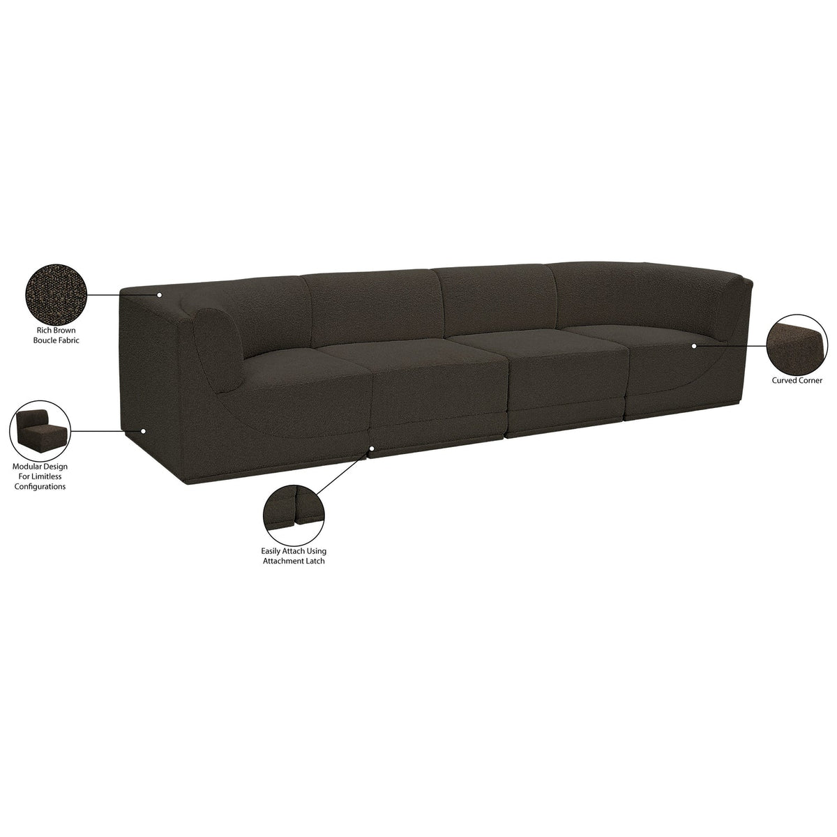 Ollie 128in Brown Boucle Fabric Upholstered 4 Piece Modular Sofa
