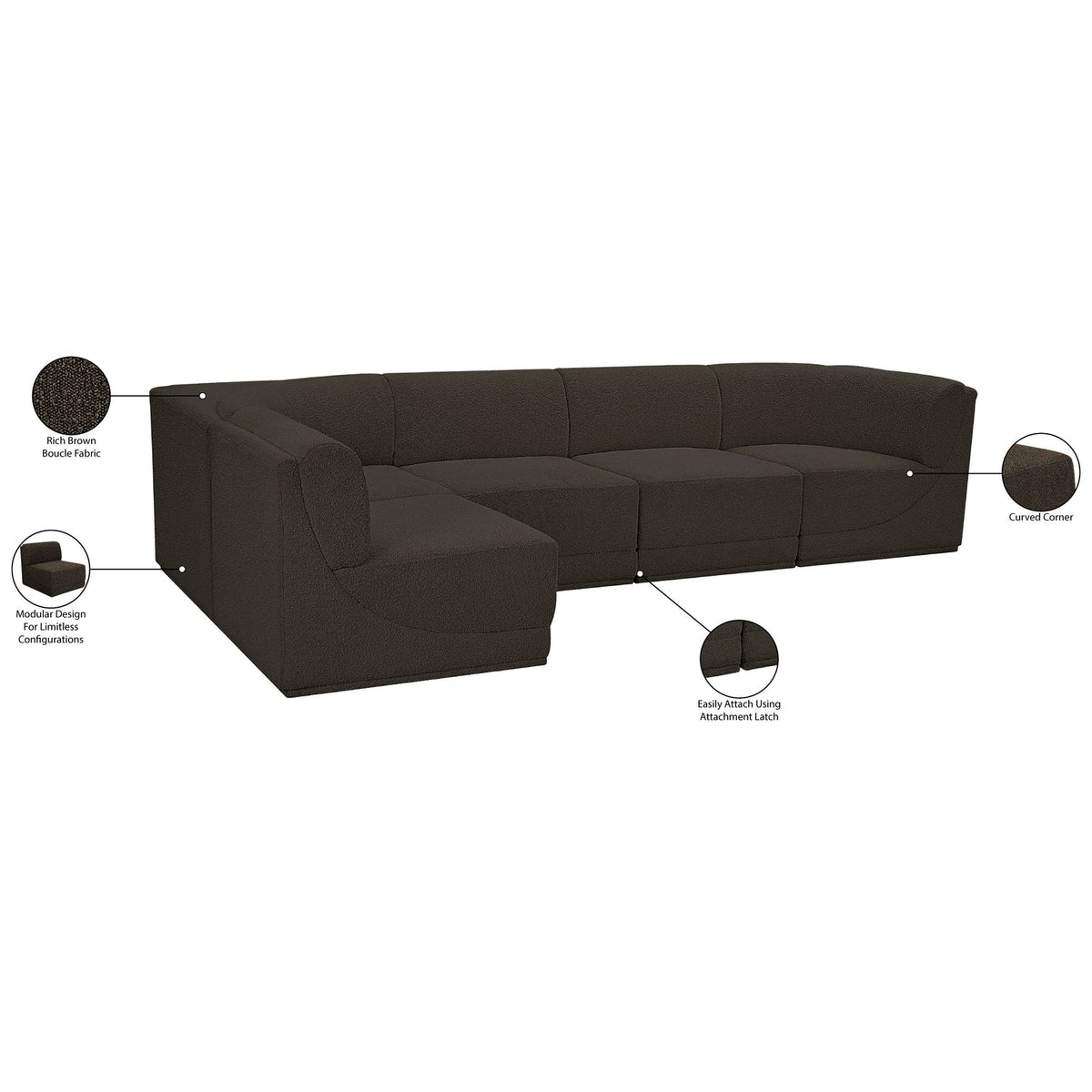 Ollie 128in Brown Boucle Fabric Upholstered 5 Piece Modular Sectional Sofa