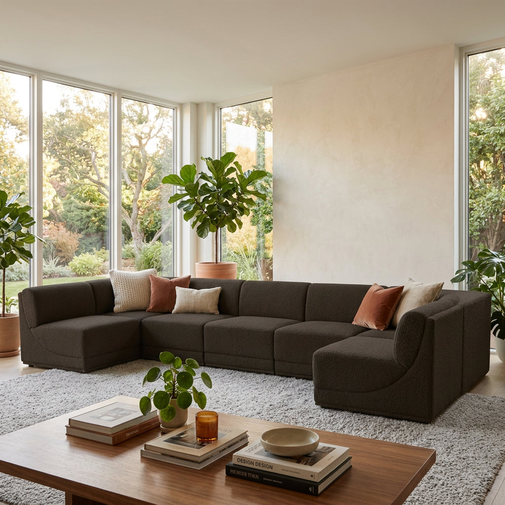 Ollie 158in Brown Boucle Fabric Upholstered 7 Piece Modular Sectional Sofa