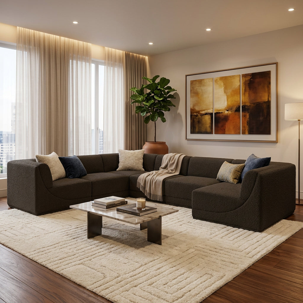 Ollie 188in Brown Boucle Fabric Upholstered 7 Piece Modular Sectional Sofa