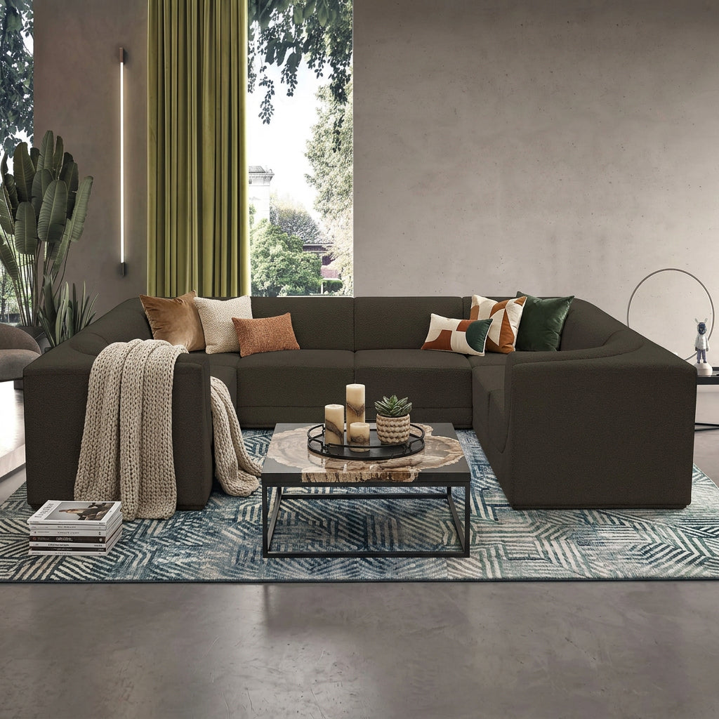Ollie 128in Brown Boucle Fabric Upholstered 8 Piece Modular Sectional Sofa