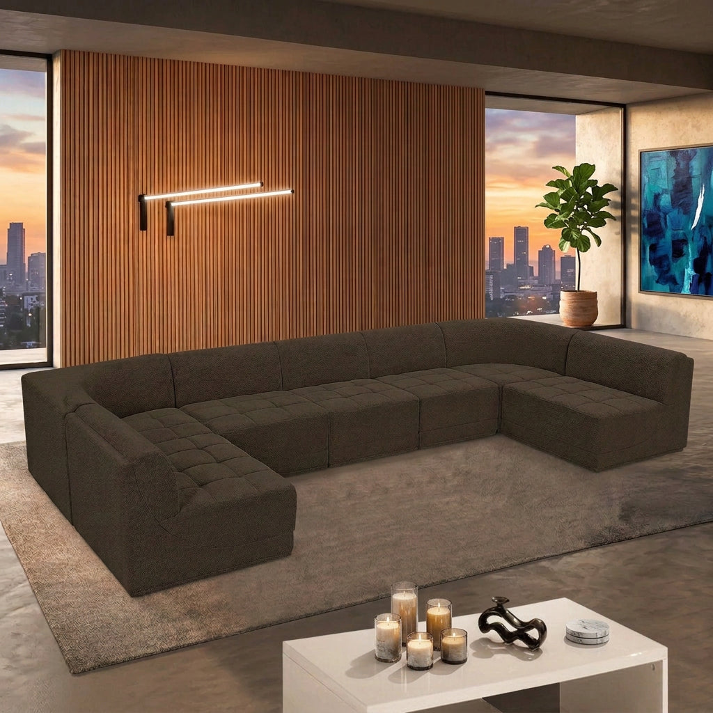 Ollie 218" Brown Boucle Fabric Upholstered 9pc. Modular Sectional in brown boucle, primary product view