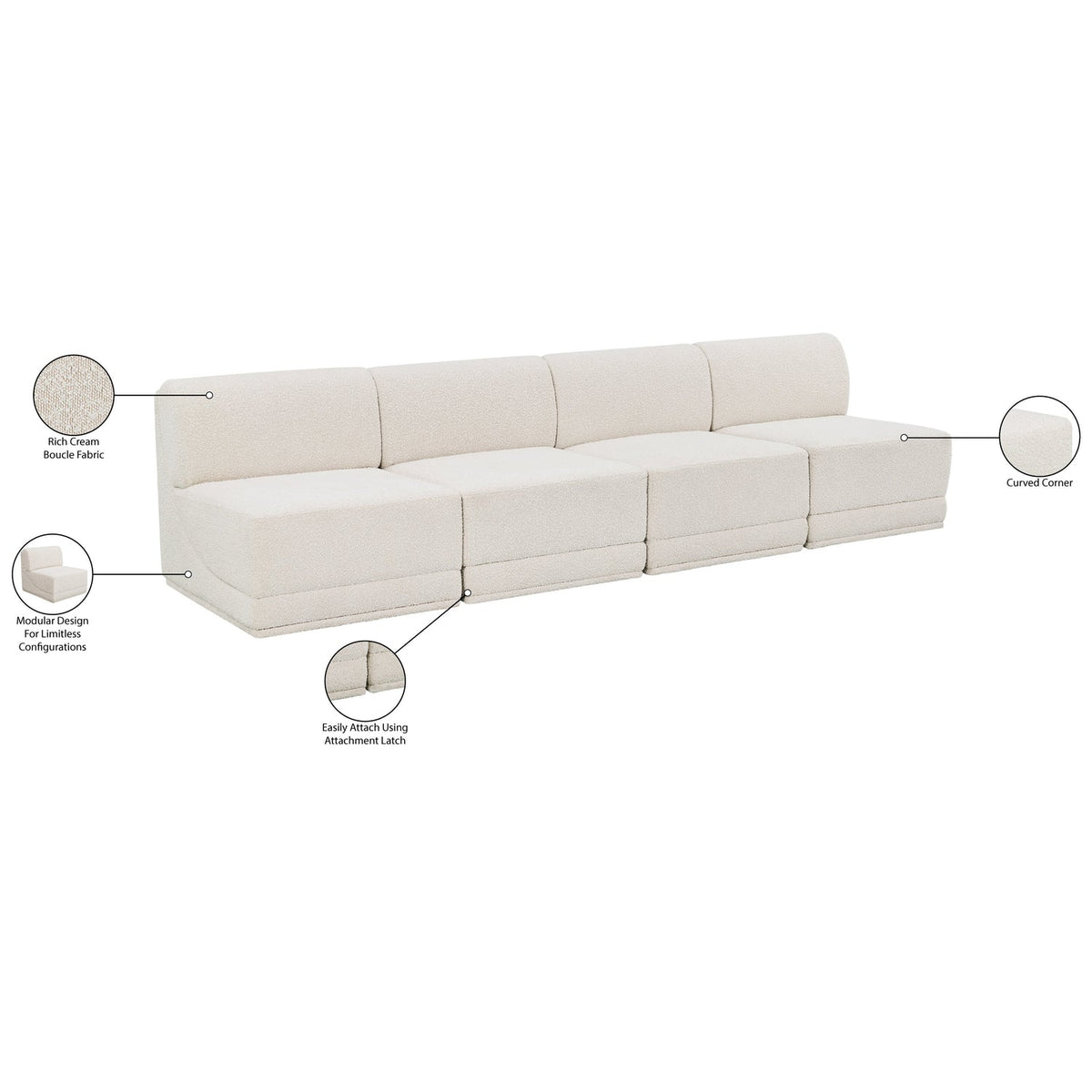 Ollie 120in Cream Boucle Fabric Upholstered 4 Piece Armless Modular Sofa