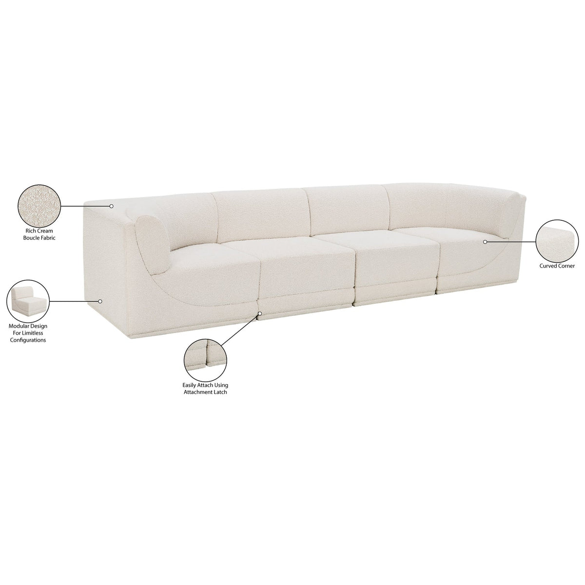 Ollie 128in Cream Boucle Fabric Upholstered 4 Piece Modular Sofa