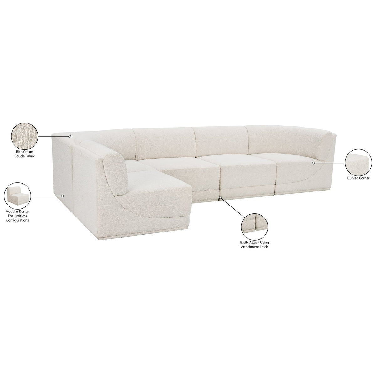 Ollie 128in Cream Boucle Fabric Upholstered 5 Piece Modular Sectional Sofa