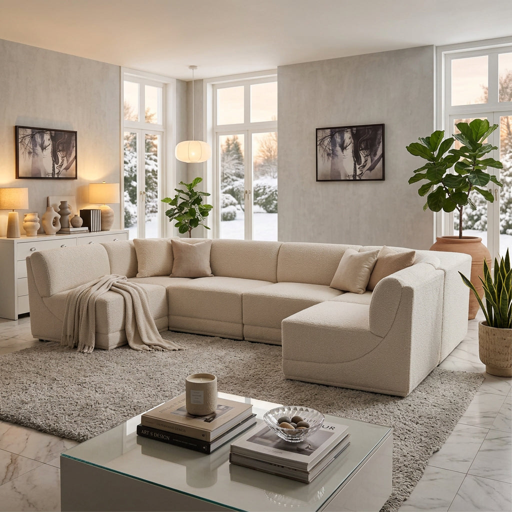 Ollie 128in Cream Boucle Fabric Upholstered 6 Piece Modular Sectional Sofa